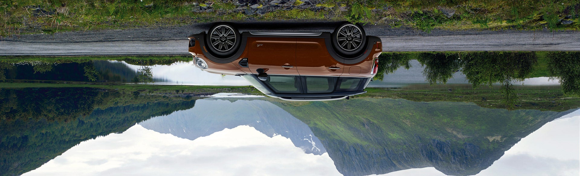 Upside down photo of Chestnut MINI Countryman in front of mountain landscape.