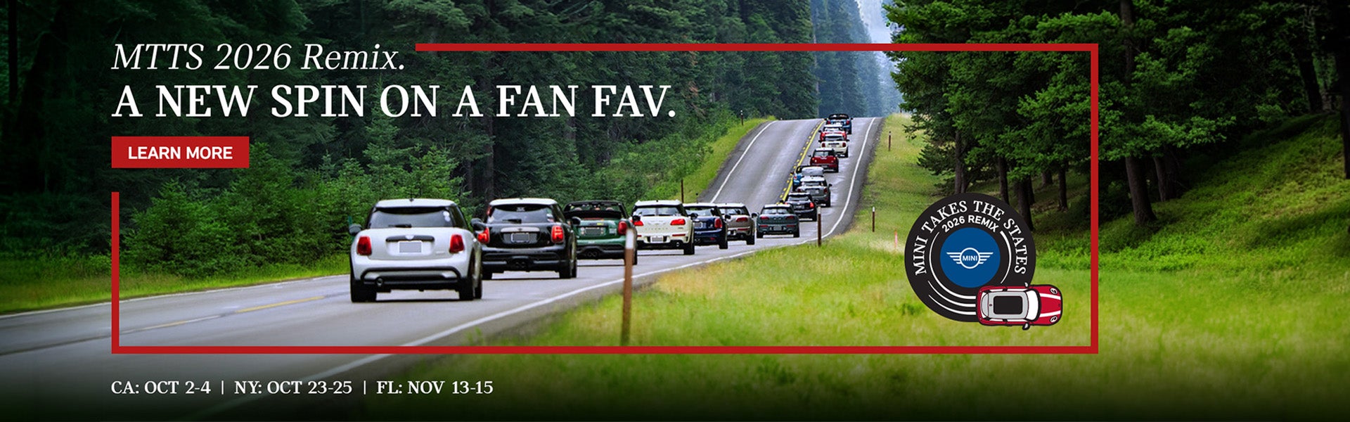 Banner for MINI Takes the States 2026 Remix showing MINI vehicles on a scenic drive and listing event dates in California, Ne