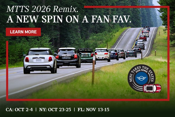 Banner for MINI Takes the States 2026 Remix showing MINI vehicles on a scenic drive and listing event dates in California, 