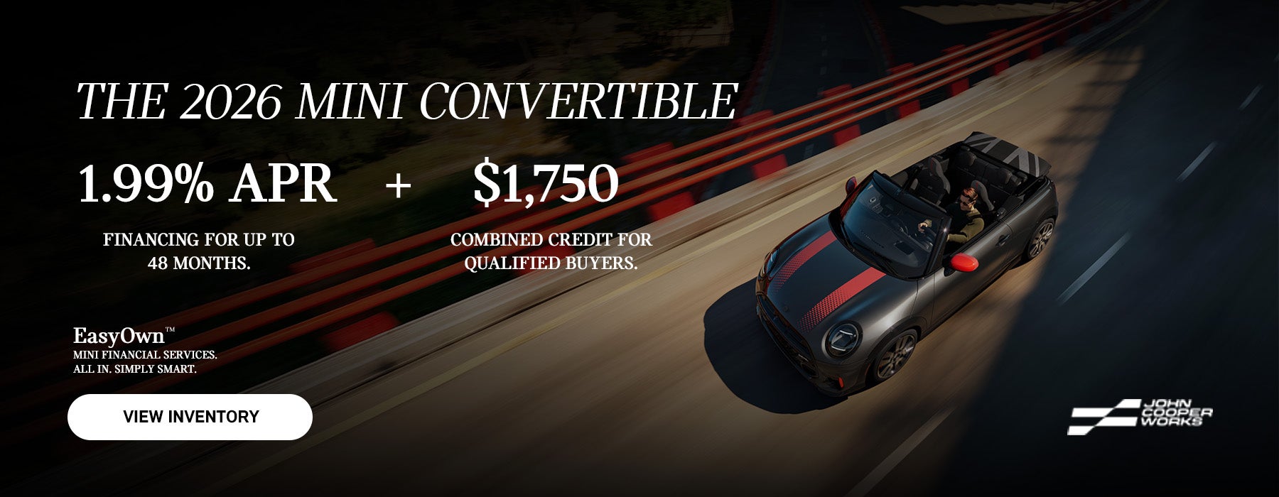 Overhead shot of MINI JCW Convertible driving on an elevated highway.