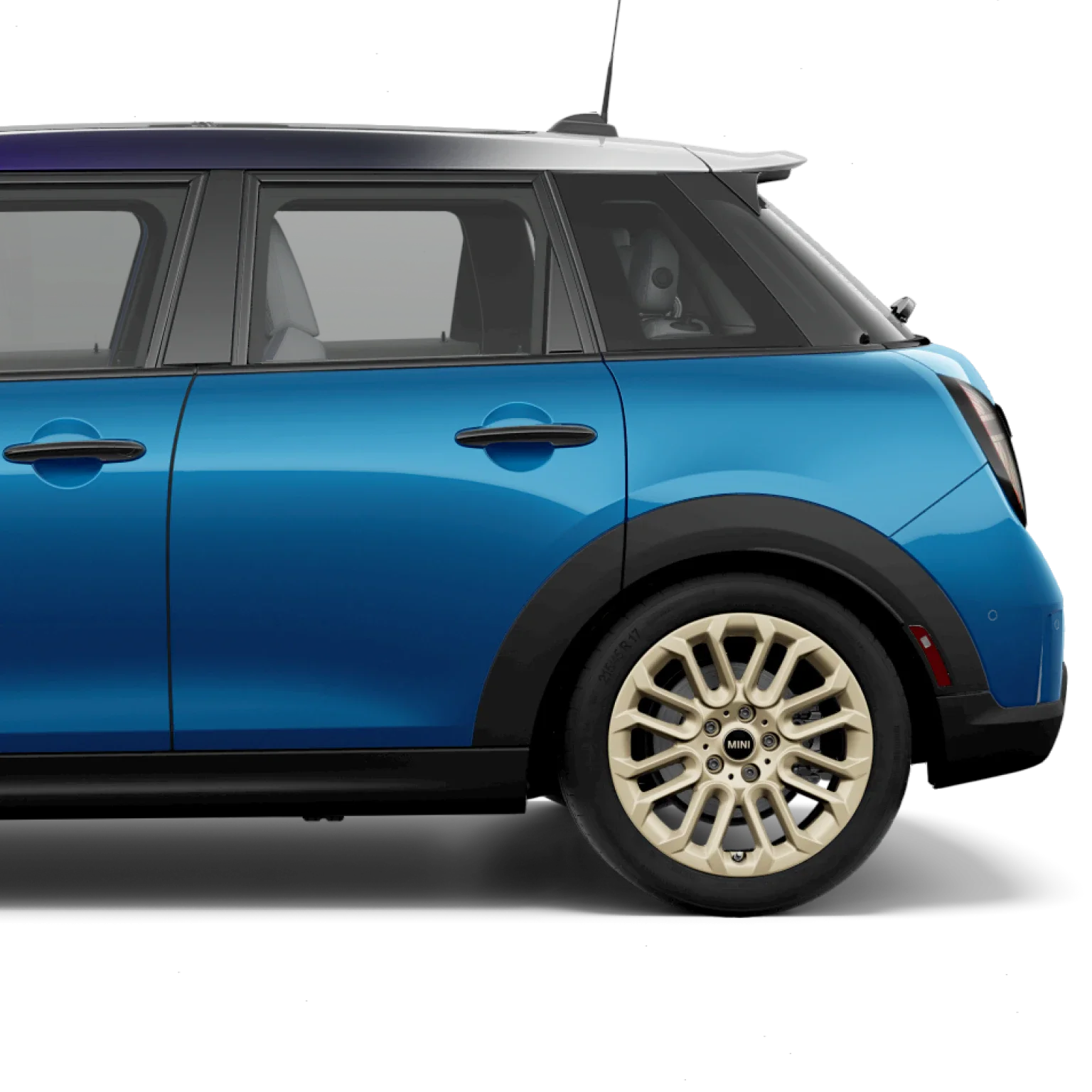 Side view of the rear of a MINI Cooper S 4 Door in Icy Sunshine Blue, parked on a blank white surface with its shadow underneath it and nothing in the background.