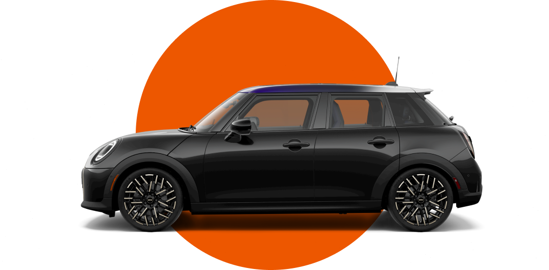 Side view of a MINI Cooper 4 Door in the Midnight Black II Metallic body color, facing left with its shadow underneath it.