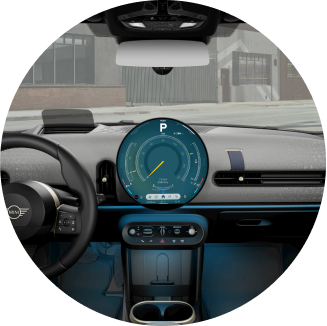 A centered view of the dashboard of the MINI Cooper S 4 Door with a focus on the MINI OLED Display and MINI Toggle Bar.