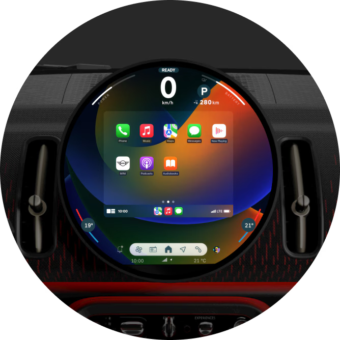 A close-up shot of the 9.4” round OLED display with an array of apps on the screen.