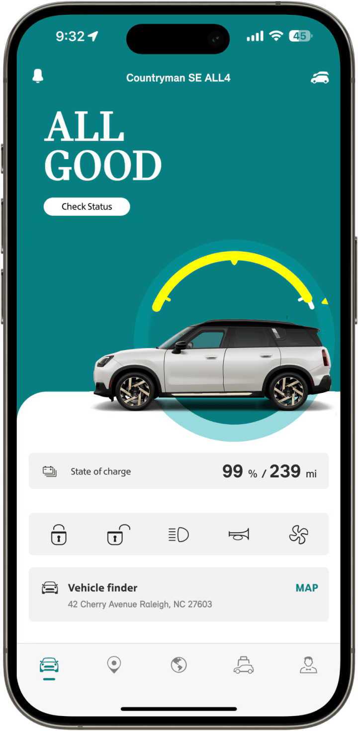 A smartphone screen with the MINI Mobile App