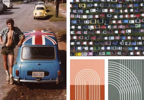 Four images of the MINI Multitone Edition history including (clockwise from top left) a classic MINI in light blue with an English flag emblazoned on the roof and a man standing next to it, an overhead view of several MINI vehicles of different colors, and two different white line design patterns in orange and green.