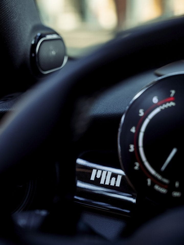 Close-up view of Nappa Leather Steering Wheel within MINI Pat Moss Edition.