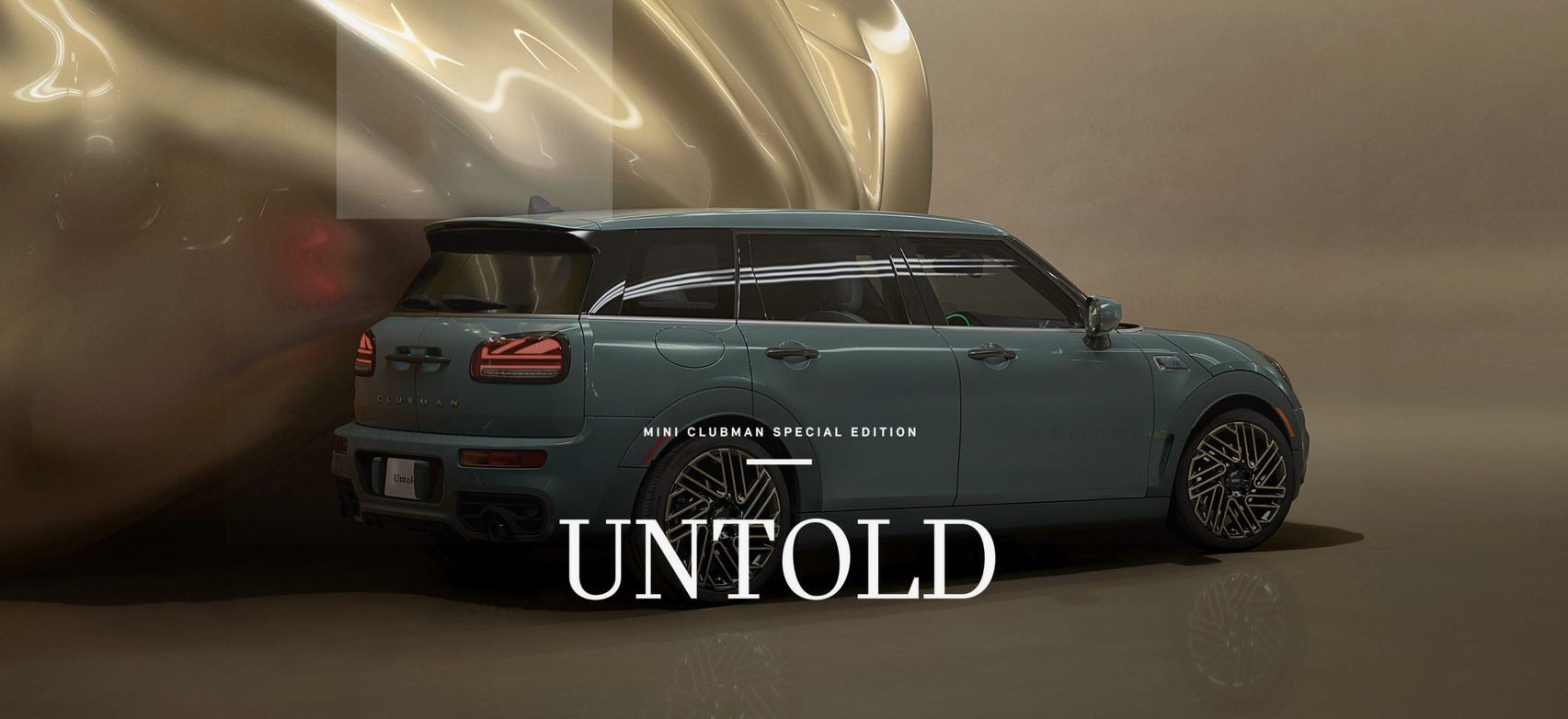 Three-quarter back view of a MINI Clubman Untold Edition with a giant CGI, inflating, shiny, brass balloon coming from the side of the car.